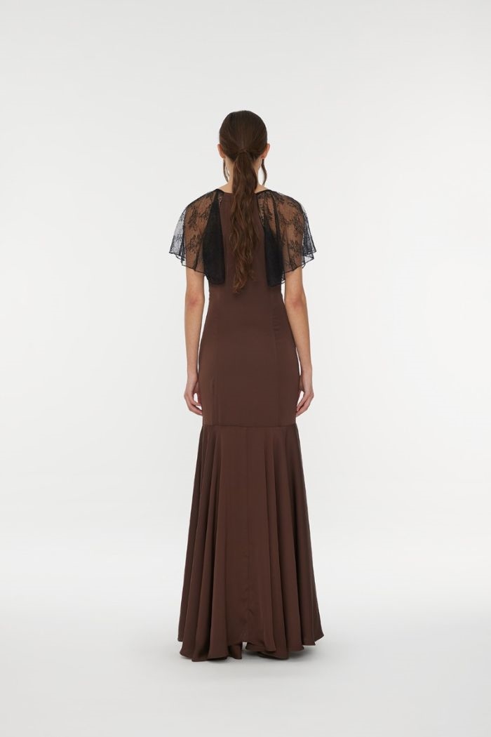 Rotate, Lace Maxi V-Neck Dress, Chicory Coffee